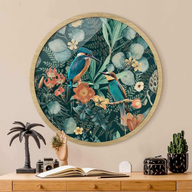 Rond schilderijen Paradiso floreale con colibrì e martin pescatore