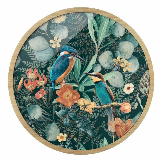 Rond schilderijen Paradiso floreale con colibrì e martin pescatore