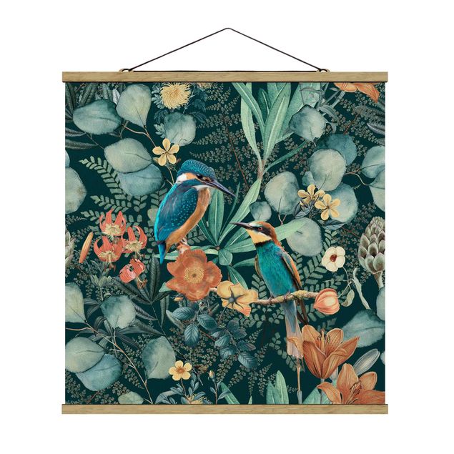Stoffen schilderij met posterlijst Floral Paradise Kingfisher And Hummingbird