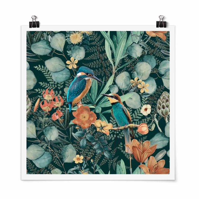 Posters Floral Paradise Kingfisher And Hummingbird