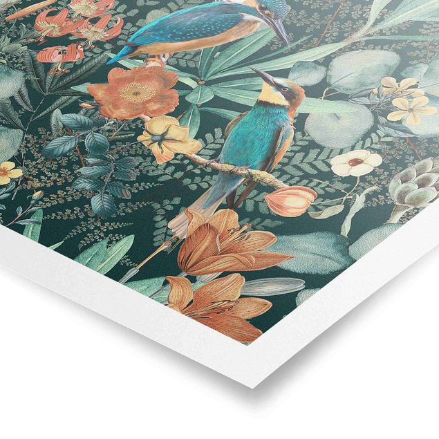 Posters Floral Paradise Kingfisher And Hummingbird