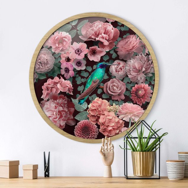 Runde gerahmte Bilder Floral Paradise Hummingbird With Roses