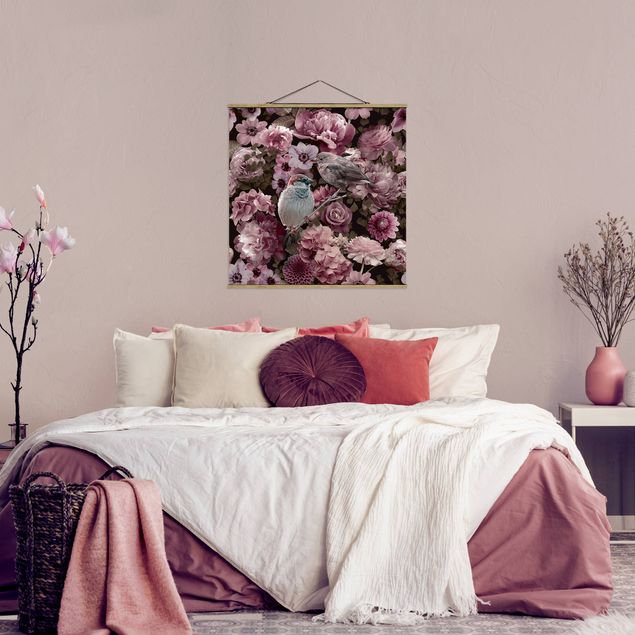 Stoffen schilderij met posterlijst Floral Paradise Sparrow In Antique Pink
