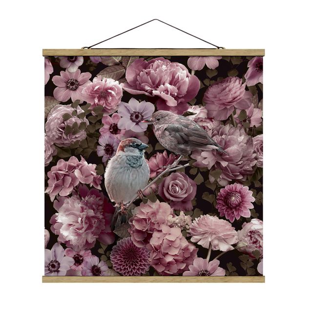 Stoffen schilderij met posterlijst Floral Paradise Sparrow In Antique Pink