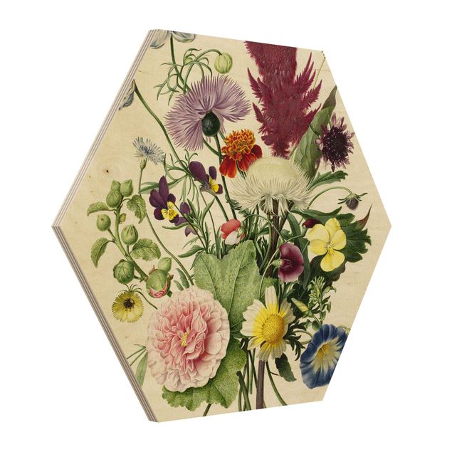 Hexagons houten schilderijen - Bouquet Of Flowers From 1680