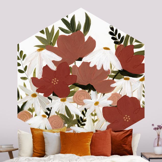 Hexagon Behang Varying Flowers In Pink And White I