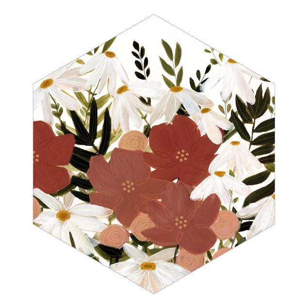 Hexagon Behang Varying Flowers In Pink And White II