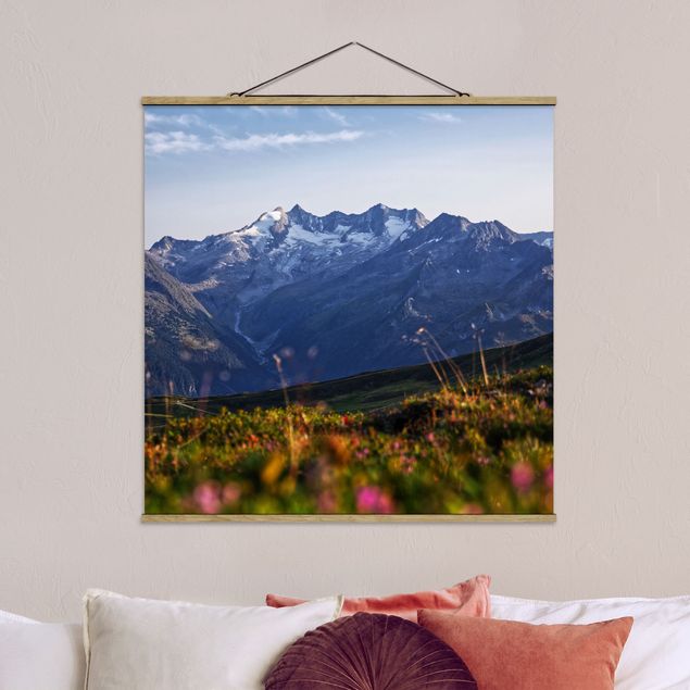 Stoffen schilderij met posterlijst Flowering Meadow In The Mountains