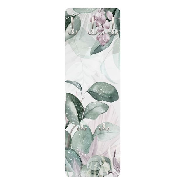 Wandkapstokken houten paneel - Botany In Pastel Green & Pink