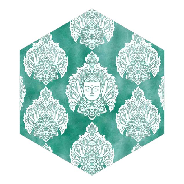 Hexagon Behang Buddha And Lotus Emerald Pattern