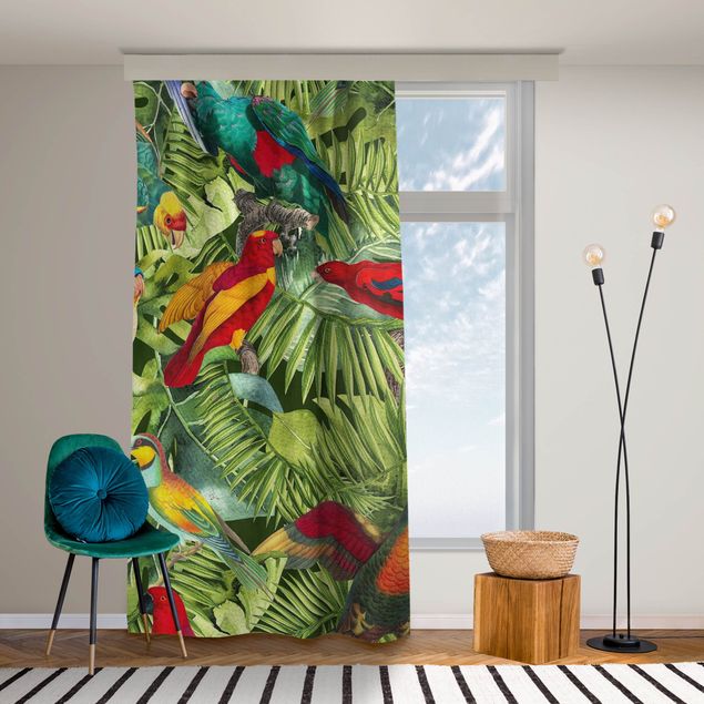 gordijnen laten maken Colourful Collage - Parrots In The Jungle