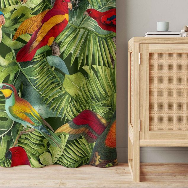 moderne gordijnen grote ramen Colourful Collage - Parrots In The Jungle