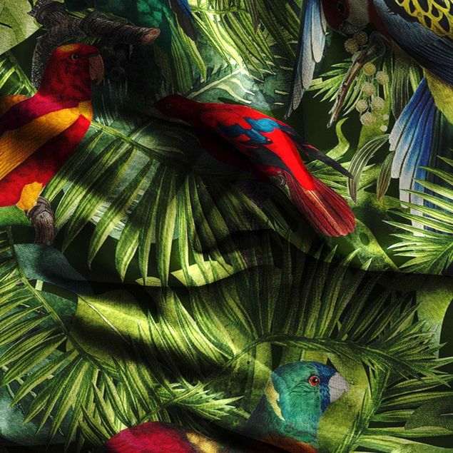 Gordijnen bos Colourful Collage - Parrots In The Jungle