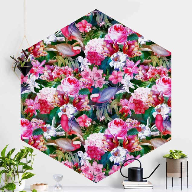 Hexagon Behang Colourful Tropical Flowers With Birds Pink