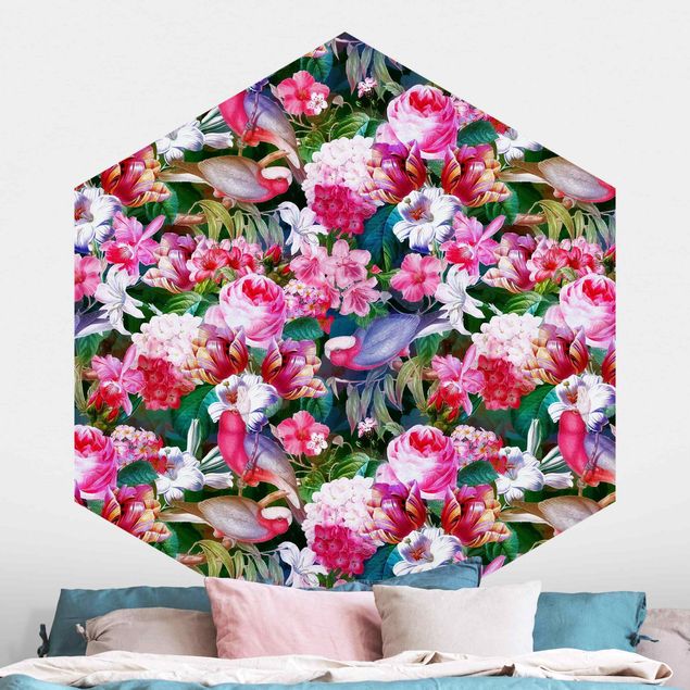 Hexagon Behang Colourful Tropical Flowers With Birds Pink