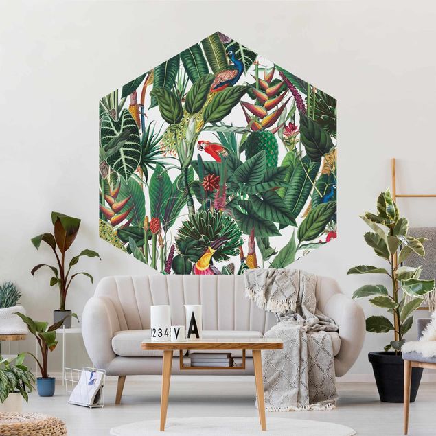 Hexagon Behang Colourful Tropical Rainforest Pattern