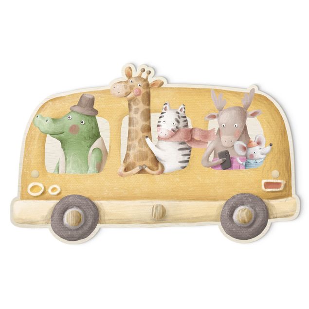 Wandkapstokken voor kinderen Bus Filled With Animals Watercolour