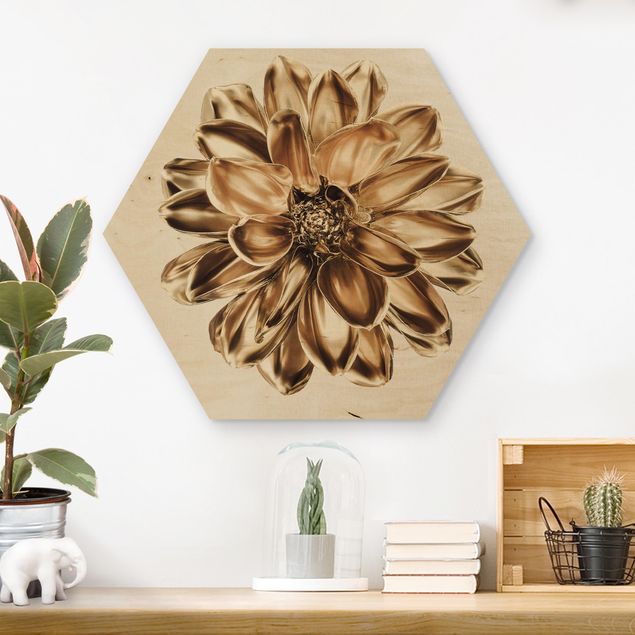 Hexagons houten schilderijen Dahlia Flower Gold Metallic