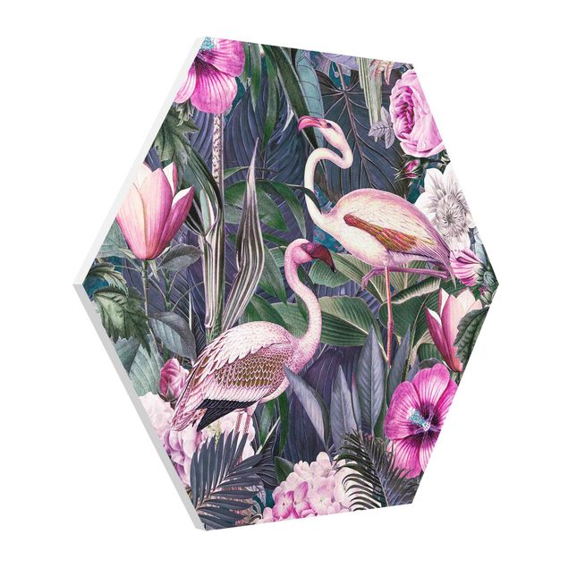Hexagons Forex schilderijen Colorful Collage - Pink Flamingos In The Jungle