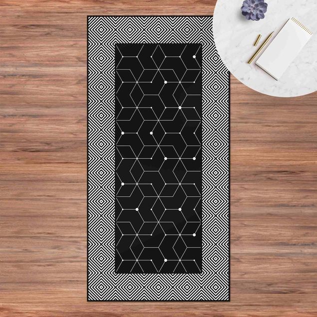 Loper tapijt Geometrical Tiles Dotted Lines Black With Border