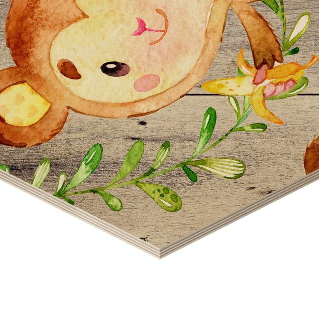 Hexagons houten schilderijen Watercolor Monkey On Wood