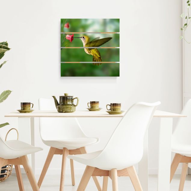 Houten schilderijen op plank Hummingbird And Flower