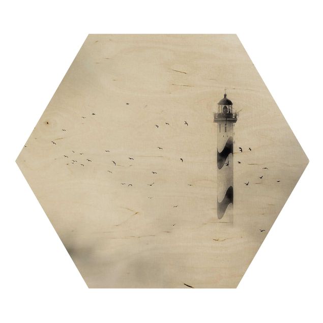 Hexagons houten schilderijen Lighthouse In The Fog