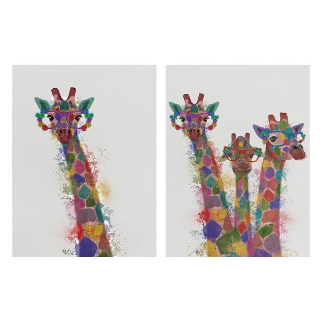 Canvas schilderijen - 2-delig  Rainbow Splash Giraffes Set I