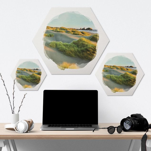 Hexagons Aluminium Dibond schilderijen WaterColours - Dunes And Grasses At The Sea