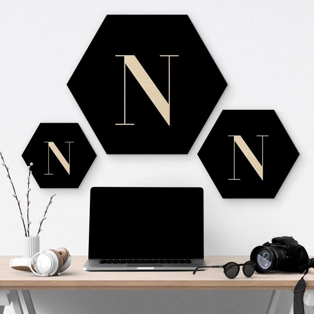 Hexagons houten schilderijen Letter Serif Black N