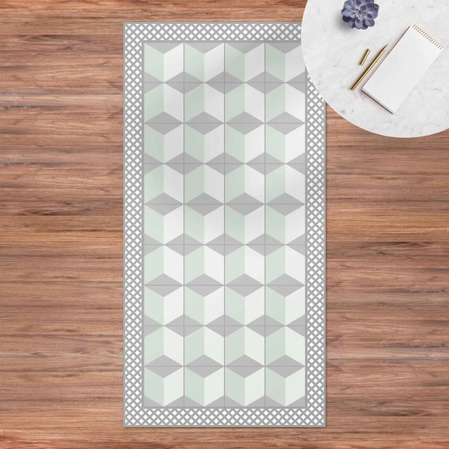 loper vloerkleed Geometrical Tiles Illusion Of Stairs In Mint Green With Border