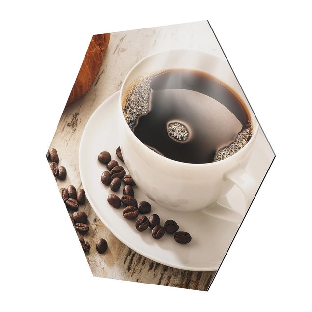 Hexagons Aluminium Dibond schilderijen Steaming coffee cup with coffee beans