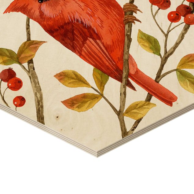 Hexagons houten schilderijen - 4-delig Birds And Berries Set II