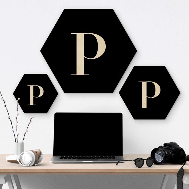 Hexagons houten schilderijen Letter Serif Black P