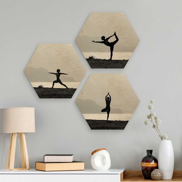 Hexagons houten schilderijen - 3-delig Yoga Trio
