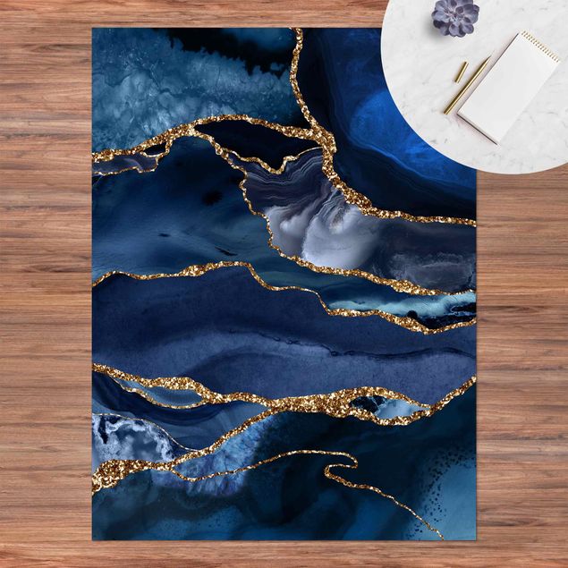 tapijt modern Golden Glitter Waves Blue backdrop