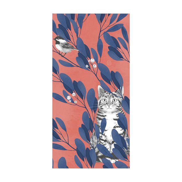 grote vloerkleden Illustration Cat and Bird On Branch Blue Red