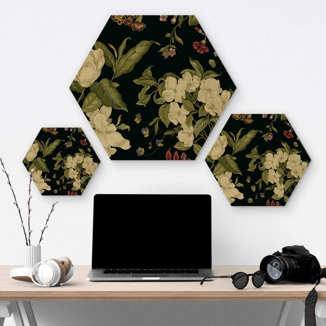 Hexagons houten schilderijen Garden Flowers On Black I