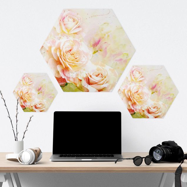 Hexagons Forex schilderijen Watercolour Rose Composition