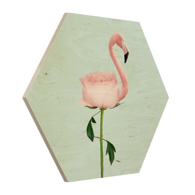 Hexagons houten schilderijen Flamingo With Rose