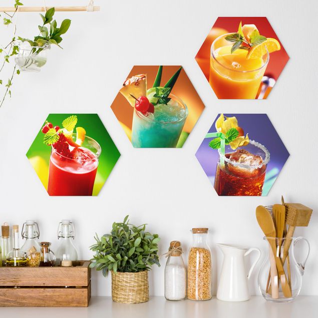 Hexagons Aluminium Dibond schilderijen - 4-delig colourful cocktails