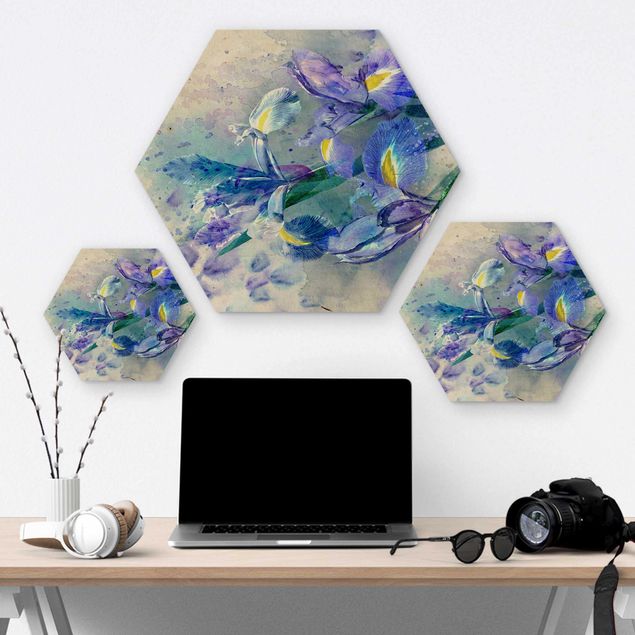 Hexagons houten schilderijen Watercolour Flowers Iris