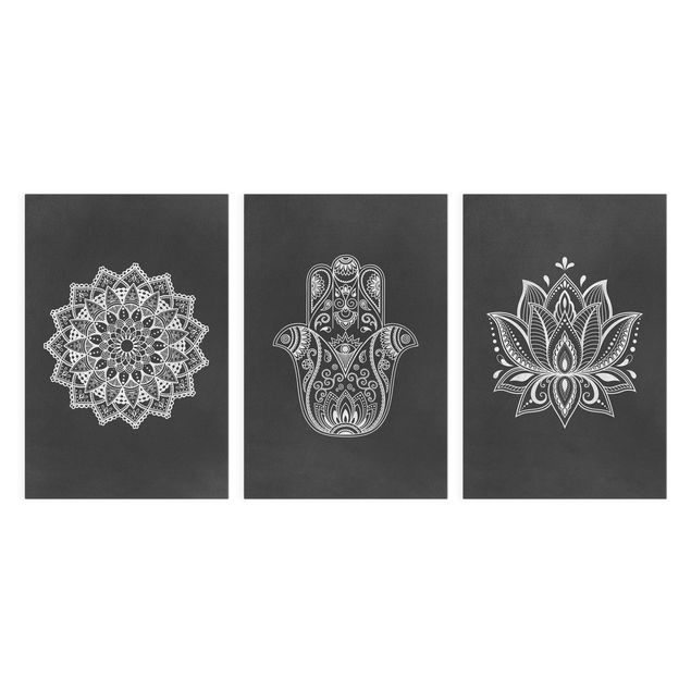 Canvas schilderijen Mandala Hamsa Hand Lotus Set On Black