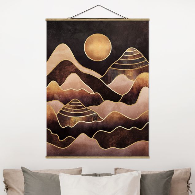 Stoffen schilderij met posterlijst Golden Sun Abstract Mountains