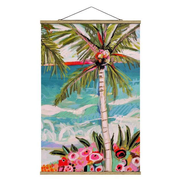 Stoffen schilderij met posterlijst Palm Tree With Pink Flowers II