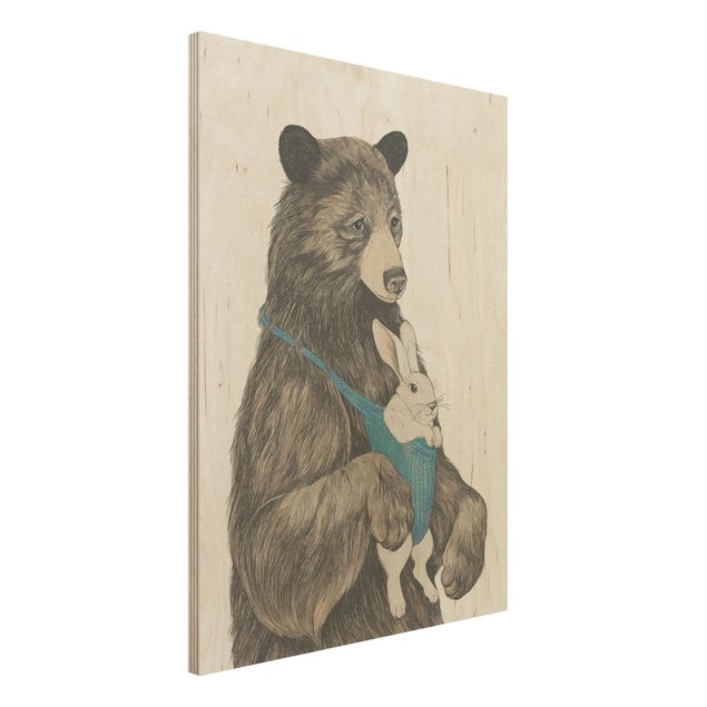 Houten schilderijen Illustration Bear And Bunny Baby