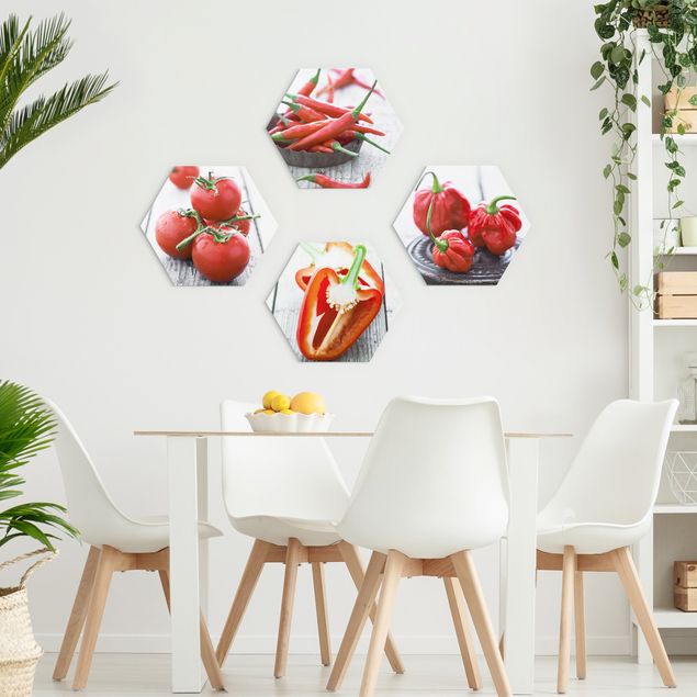 Hexagons Aluminium Dibond schilderijen - 4-delig Red Vegetables