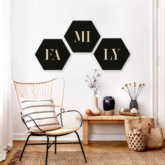 Hexagons houten schilderijen - 3-delig Letters FAMILY White Set I