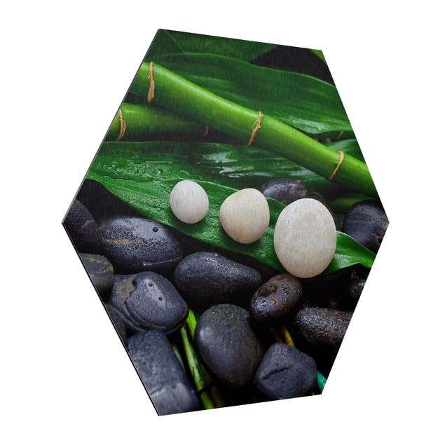 Hexagons Aluminium Dibond schilderijen Green Bamboo With Zen Stones