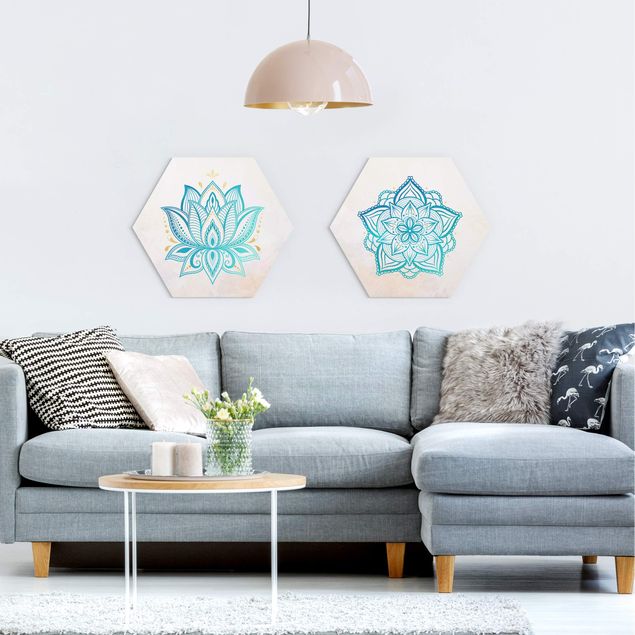 Hexagons Forex schilderijen - 2-delig Mandala Lotus Set Gold Blue